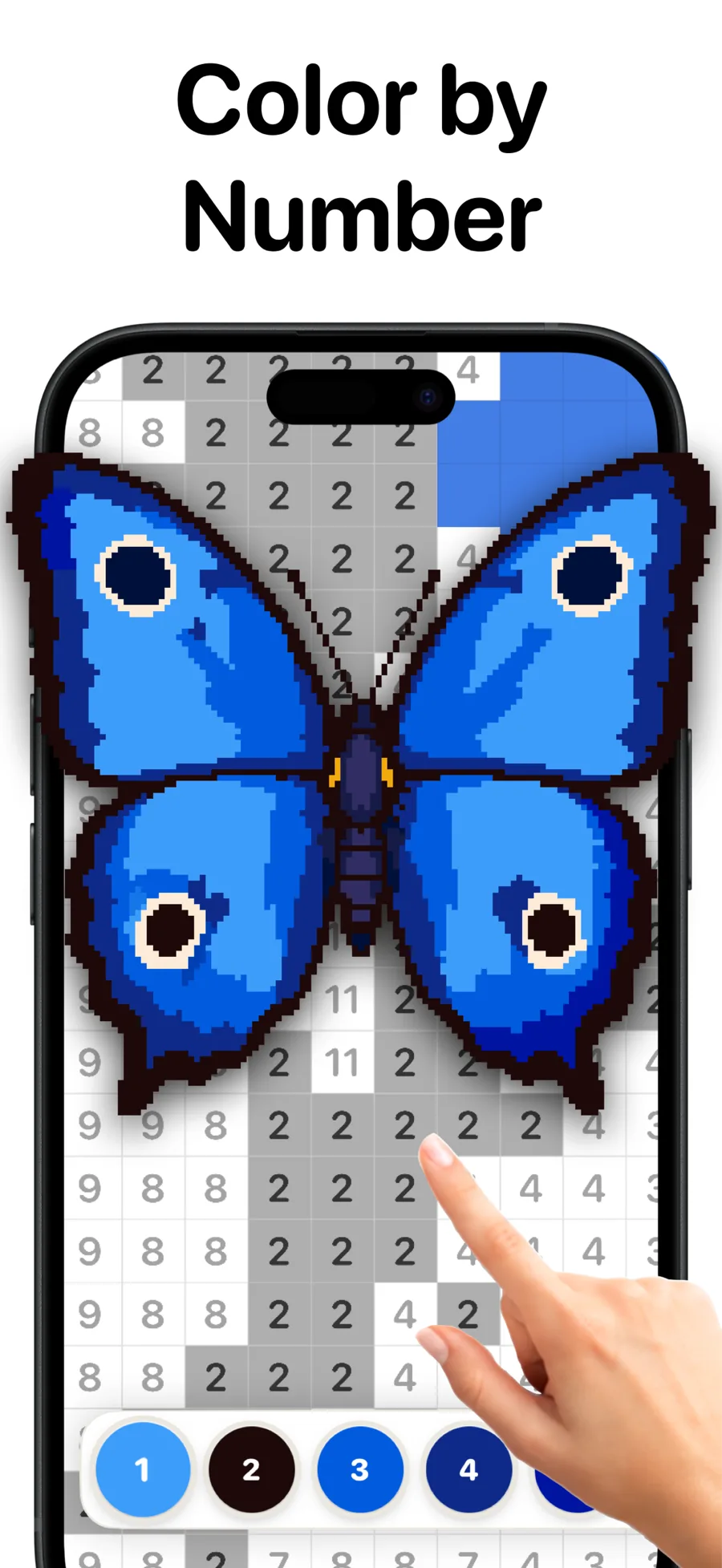 Paintopia on iPhone: coloring a blue pixel-art butterfly by number