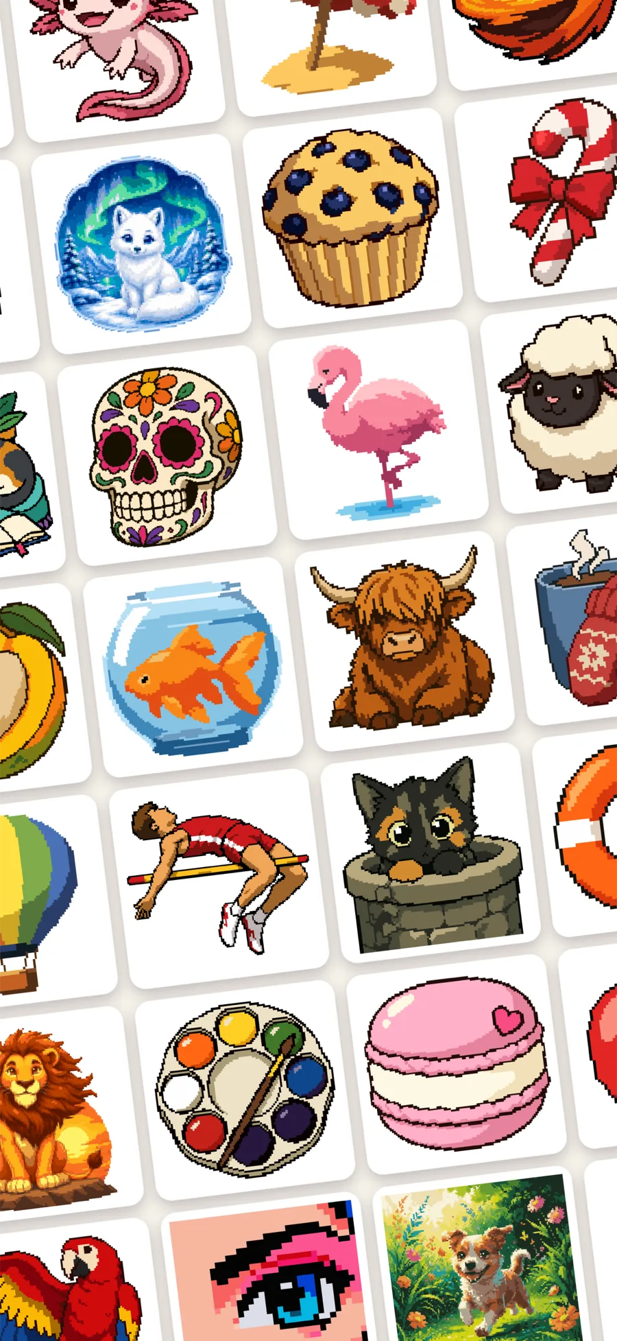 A grid of Paintopia pixel-art drawings: animals, food and objects