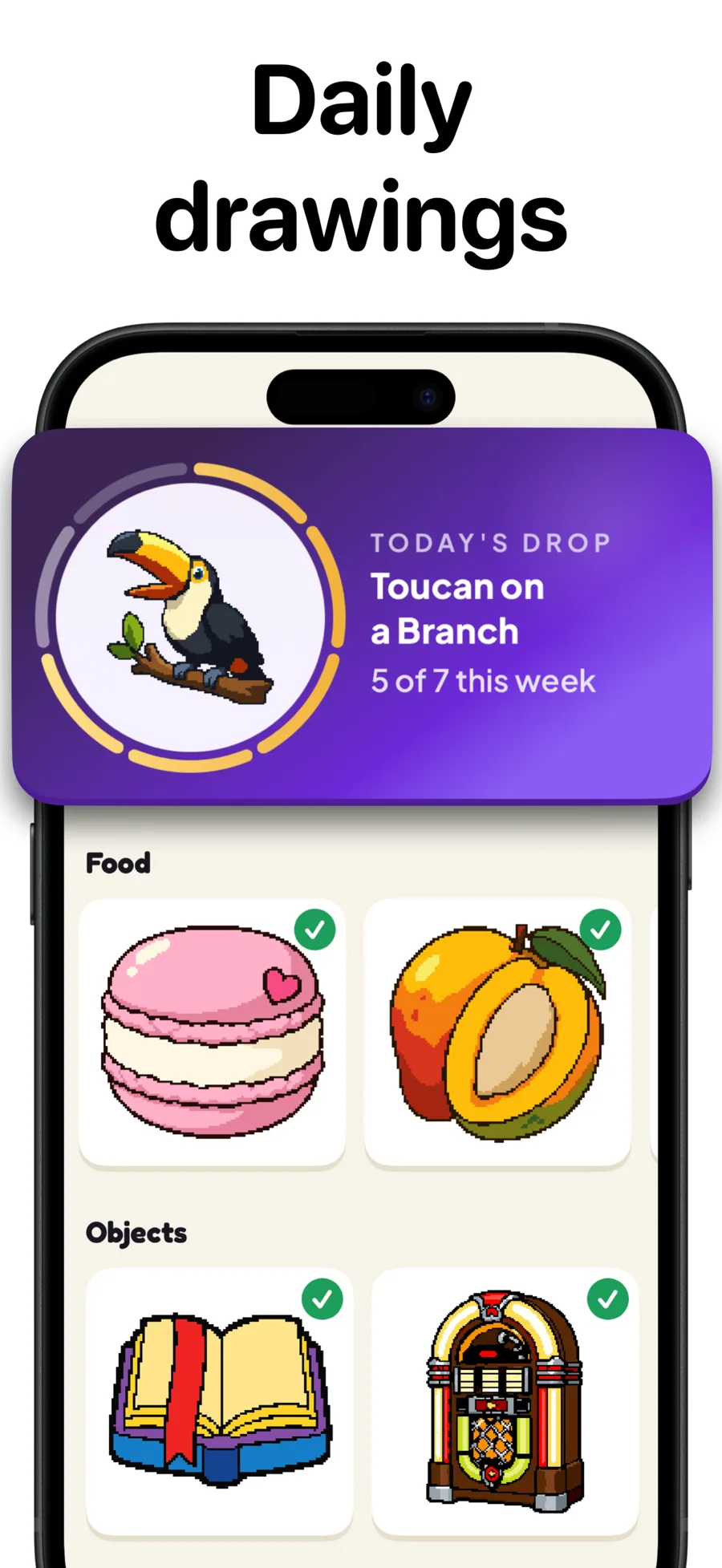 Paintopia's Daily Drawing card showing today's drop and weekly progress