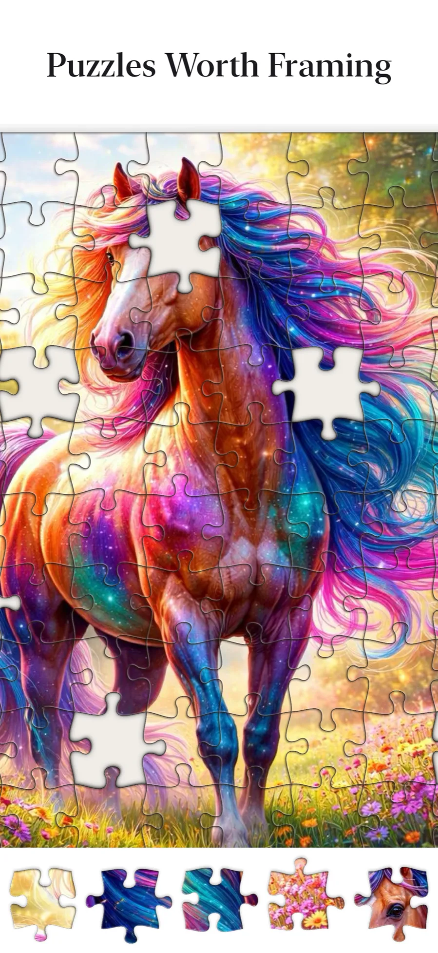 Piecetopia on iPhone: a colorful horse jigsaw with a few pieces left in the tray