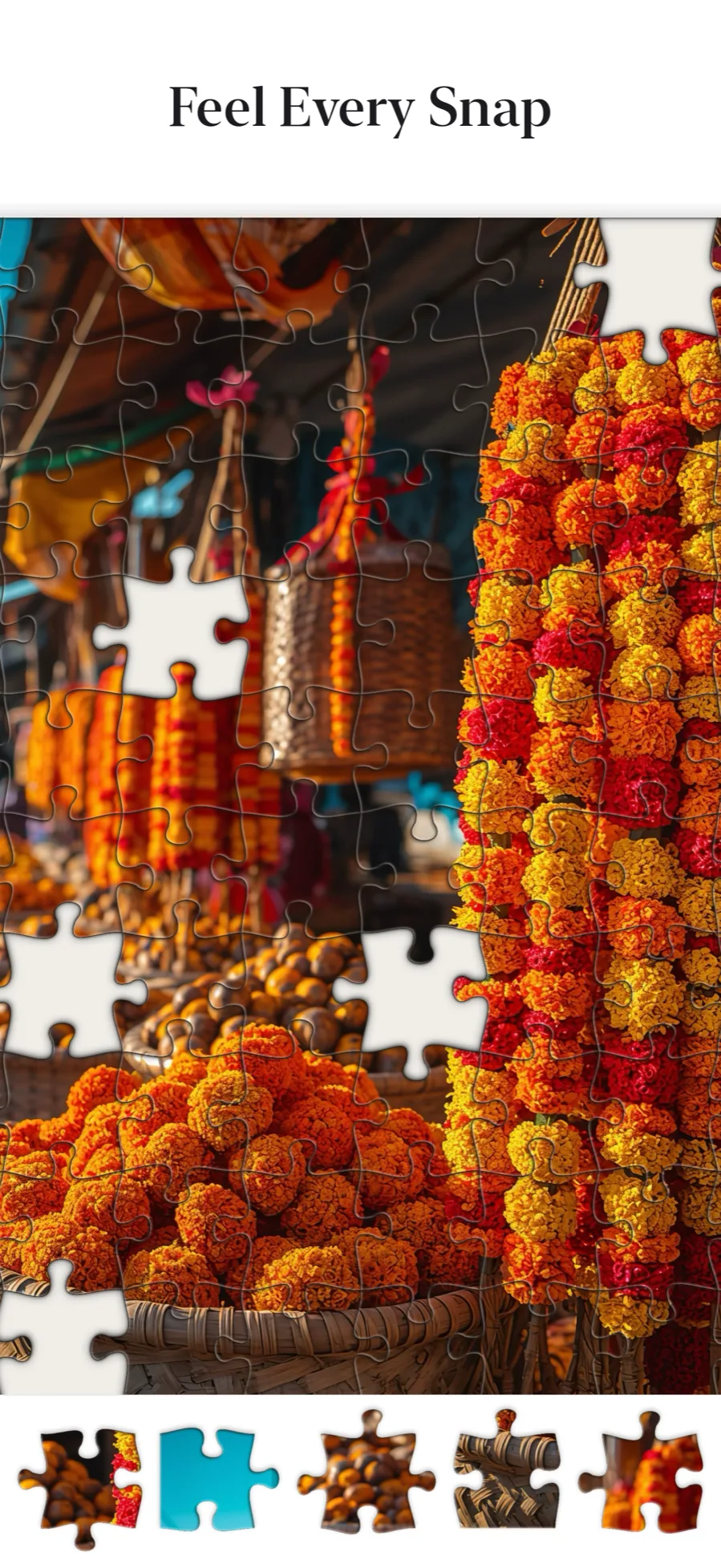 A marigold garland market jigsaw mid-snap in Piecetopia