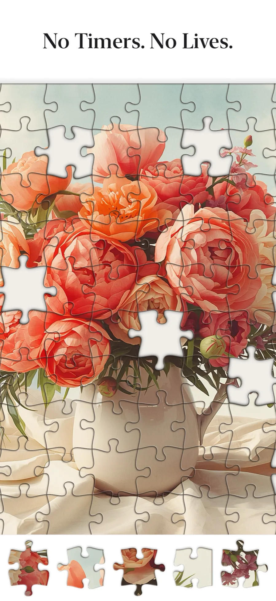 A calm coral peonies jigsaw in Piecetopia with no timer and no lives