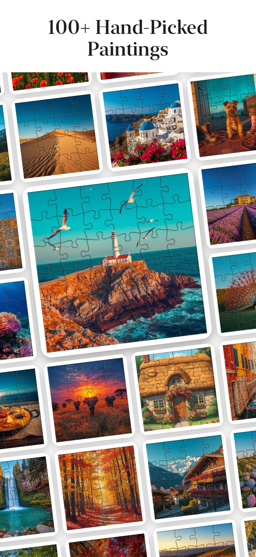 A wall of finished Piecetopia puzzles: lighthouse, lavender fields, cottages and more