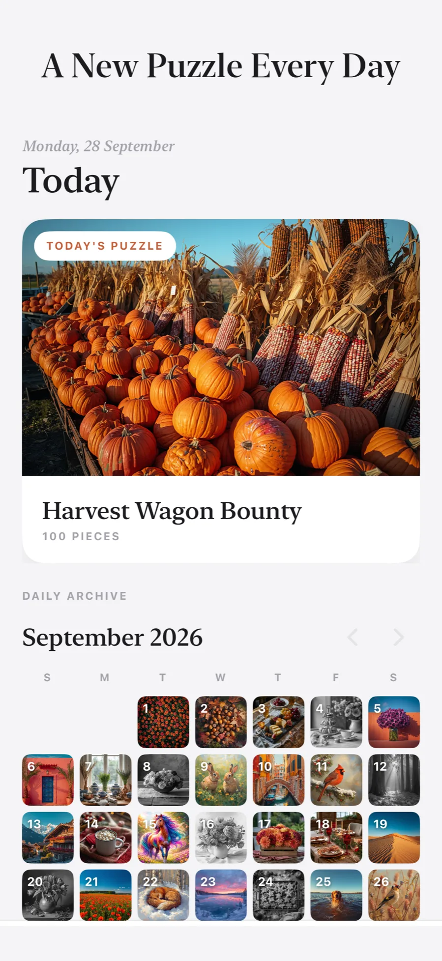 Piecetopia's Today tab with the daily puzzle and an archive calendar