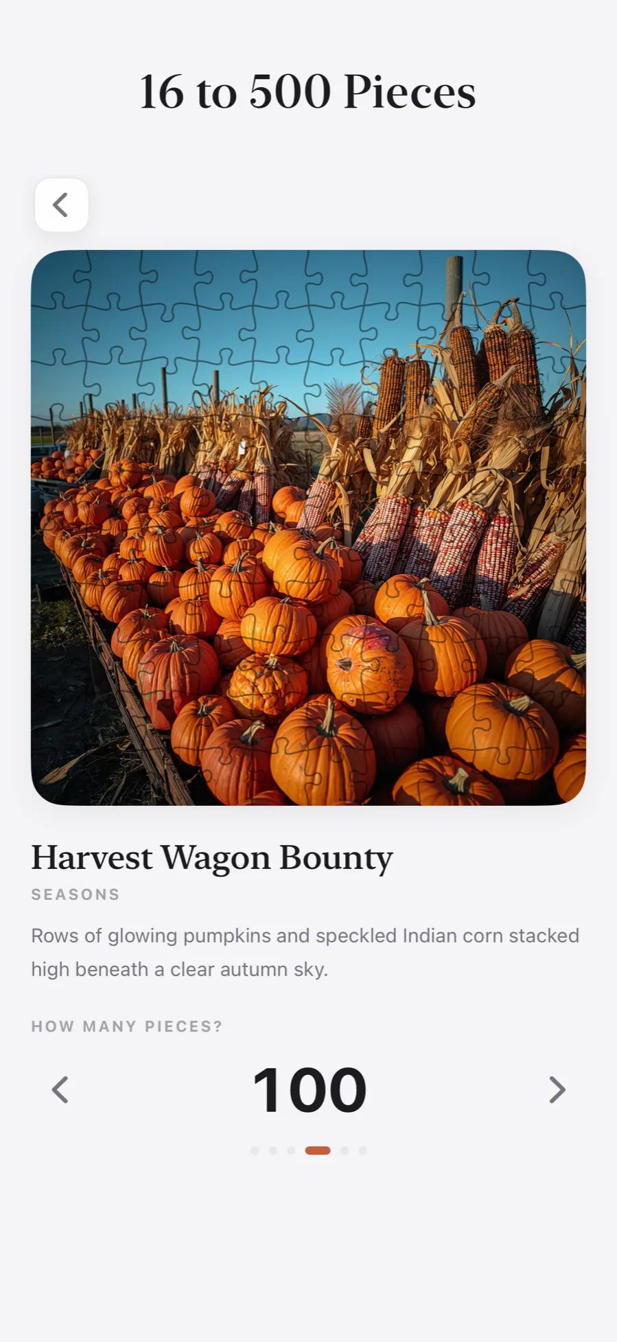 Piecetopia's piece-count picker set to 100 pieces over a harvest painting