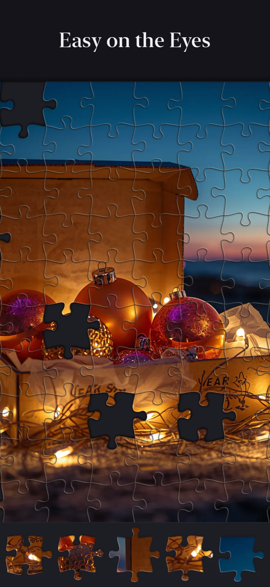 Piecetopia in dark mode: a twilight ornaments jigsaw